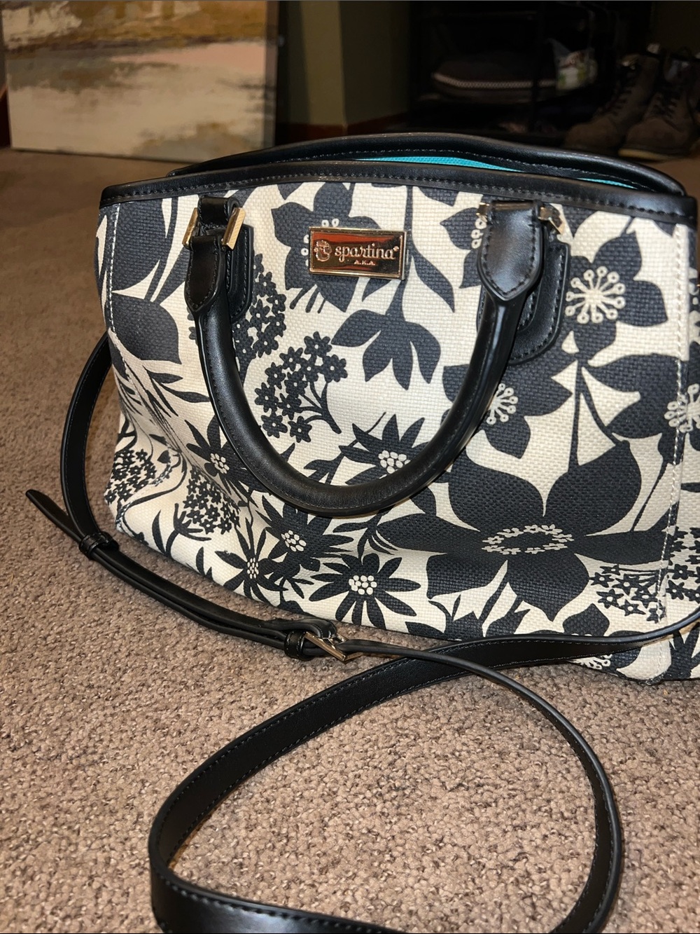 Spartina 449 Linen N Leather Daufuskie Island bag black and white floral